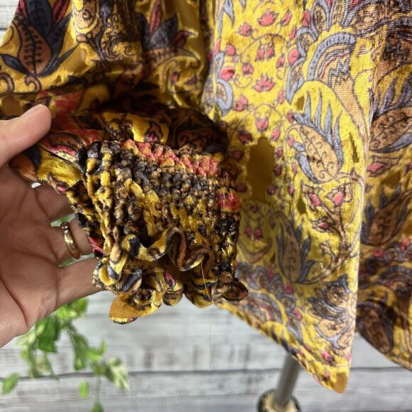Ivy Jane Blouse Top size Extra Small Gold Blue Paisley Velour Smocking Peasant - Picture 7 of 13